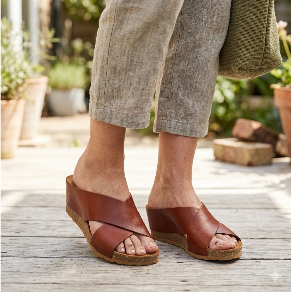 Yokono Wedge Sandals Womens 9 Brown Good Leather Cross Strap Spain Slide
